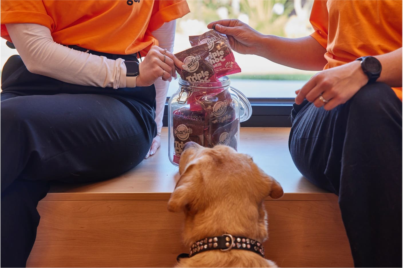 A dog looking at two humans holding a packet of Charlie's Fine Food Co snack